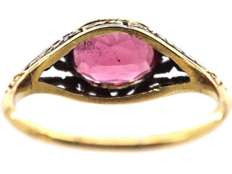 Late 19th Century French Import 18ct Gold & Silver Ring set with a Pink Tourmaline with Leaf Detail