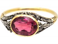 Late 19th Century French Import 18ct Gold & Silver Ring set with a Pink Tourmaline with Leaf Detail