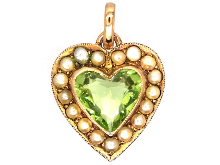 Edwardian 9ct Gold Heart Pendant set with a Peridot Surrounded by Natural Split Pearls