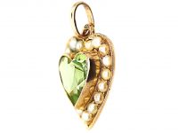 Edwardian 9ct Gold Heart Pendant set with a Peridot Surrounded by Natural Split Pearls