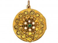 Georgian Three Colour Gold Round Locket set with Emeralds & Natural Split Pearls