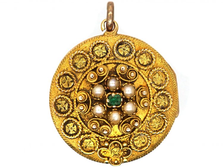 Georgian Three Colour Gold Round Locket set with Emeralds & Natural Split Pearls