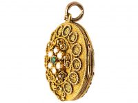 Georgian Three Colour Gold Round Locket set with Emeralds & Natural Split Pearls