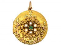 Georgian Three Colour Gold Round Locket set with Emeralds & Natural Split Pearls