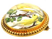 Victorian 15ct Gold, Reverse Rock Crystal Intaglio Brooch of Two Canaries