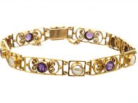 Edwardian 9ct Gold, Amethyst & Blister Pearl Bracelet Retailed by Murrle Bennett & Co