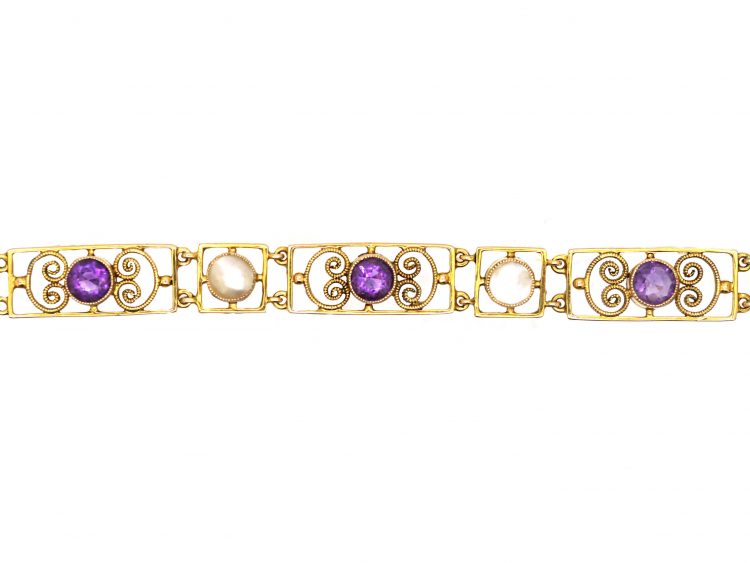 Edwardian 9ct Gold, Amethyst & Blister Pearl Bracelet Retailed by Murrle Bennett & Co