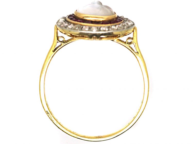 Early 20th Century 18ct Gold & Platinum, Man in the Moon Ring set with a Moonstone, Rose Diamonds & Rubies