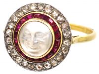 Early 20th Century 18ct Gold & Platinum, Man in the Moon Ring set with a Moonstone, Rose Diamonds & Rubies