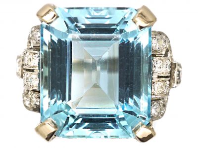 Retro 18ct White Gold, Large Aquamarine & Diamond Ring