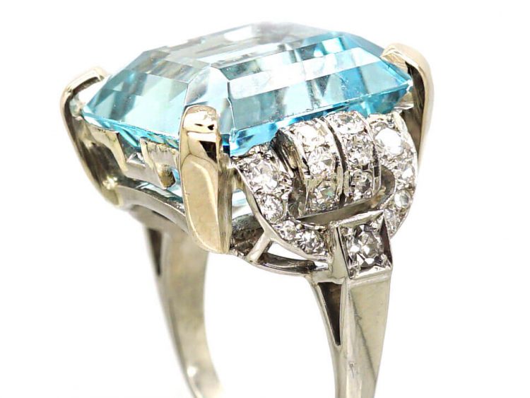 Retro 18ct White Gold, Large Aquamarine & Diamond Ring