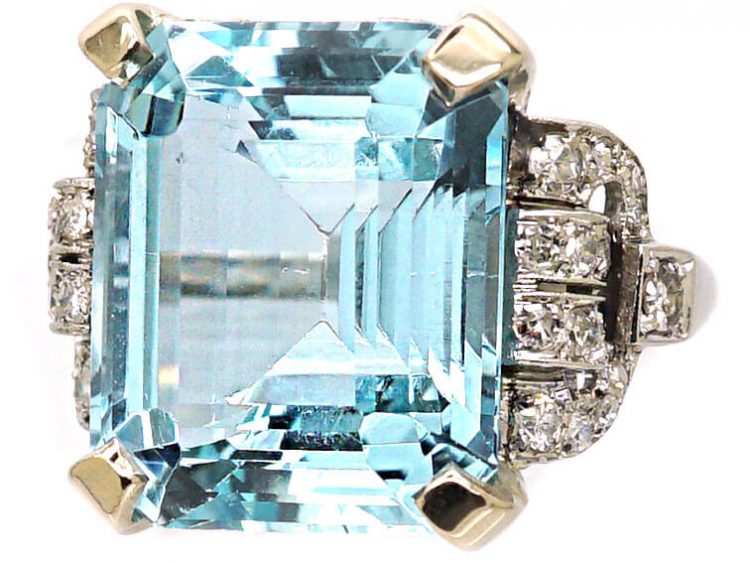 Retro 18ct White Gold, Large Aquamarine & Diamond Ring