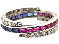 Art Deco 18ct White Gold Flip Over Ring set with Sapphires, Rubies & Diamonds