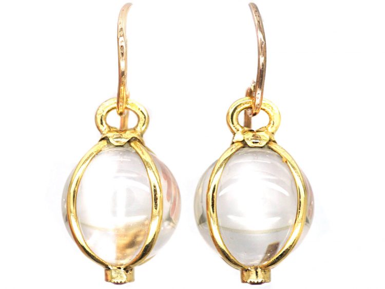 Edwardian 18ct Gold Rock Crystal Pools of Light Orb Earrings with Ruby set Terminals