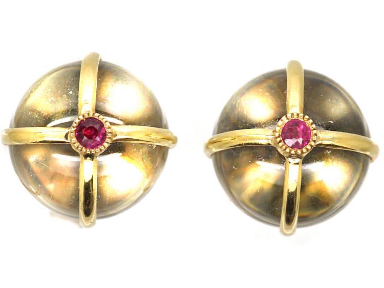 Edwardian 18ct Gold Rock Crystal Pools of Light Orb Earrings with Ruby set Terminals