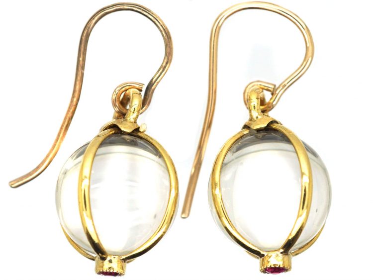 Edwardian 18ct Gold Rock Crystal Pools of Light Orb Earrings with Ruby set Terminals