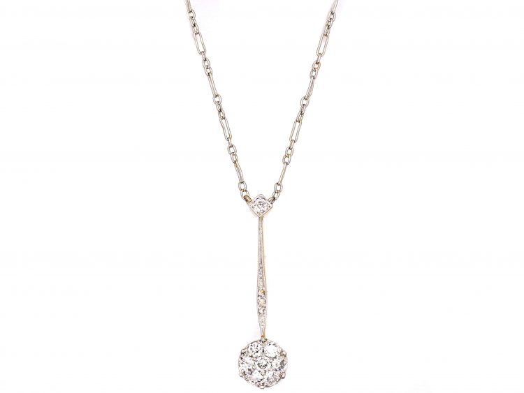 Early 20th Century Platinum & 15ct Gold Diamond Cluster Necklace on Ornate Platinum Chain