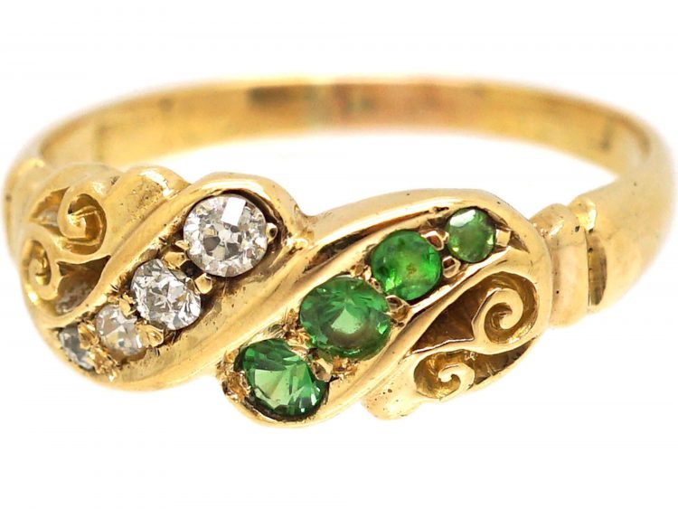 Edwardian 18ct Gold Crossover Ring set with Green Garnets & Diamonds