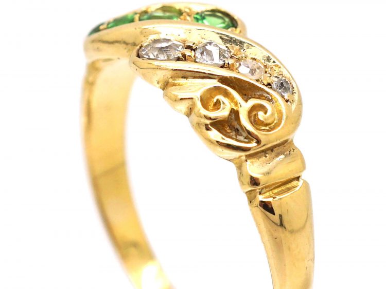 Edwardian 18ct Gold Crossover Ring set with Green Garnets & Diamonds