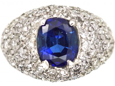 French Art Deco 18ct White Gold, Sapphire & Diamond Bombè Ring