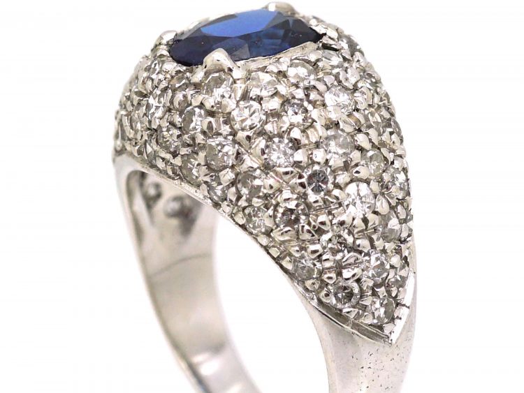 French Art Deco 18ct White Gold, Sapphire & Diamond Bombè Ring