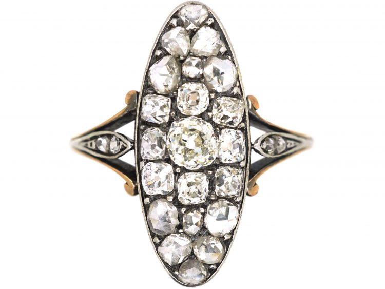 French 19th Century 18ct Gold & Silver Marquise Ring set with Diamonds