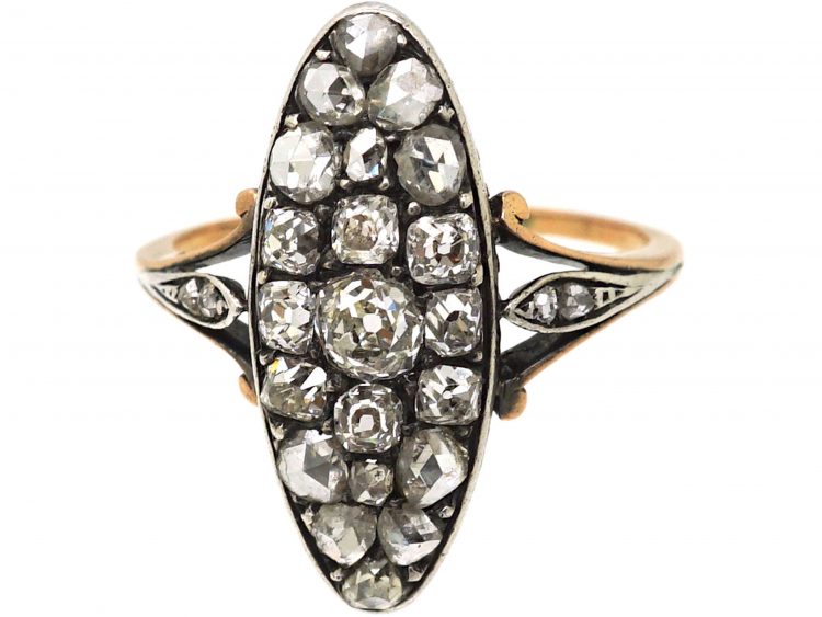 French 19th Century 18ct Gold & Silver Marquise Ring set with Diamonds