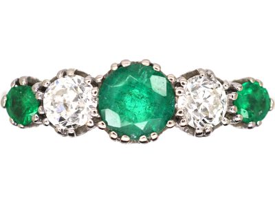 Early 20th Century Platinum, Emerald & Diamond Five Stone Ring