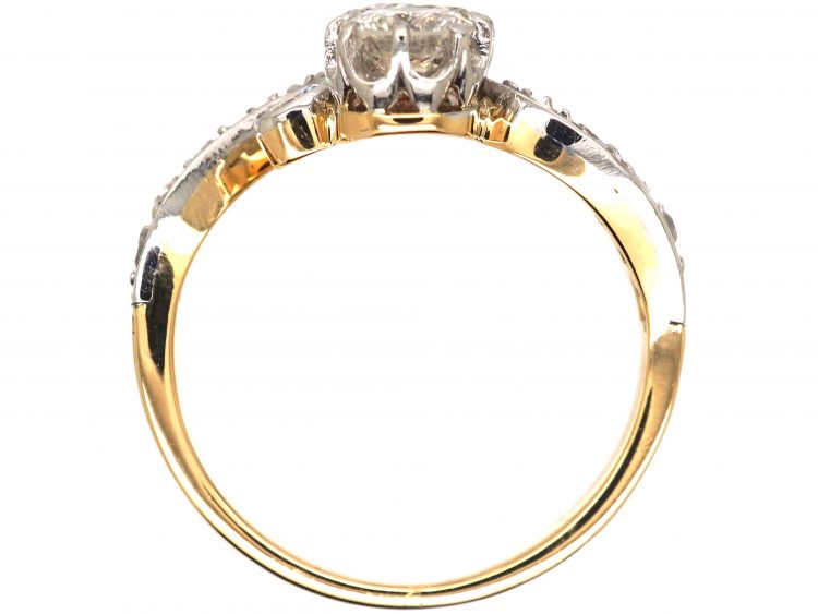 French Early 20th Century 18ct Gold & Platinum Two Stone Diamond Ring with Diamond Set Scroll Shoulders