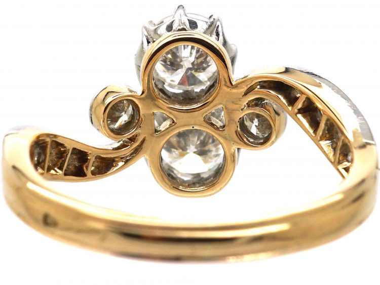 French Early 20th Century 18ct Gold & Platinum Two Stone Diamond Ring with Diamond Set Scroll Shoulders