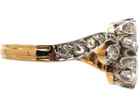 French Early 20th Century 18ct Gold & Platinum Two Stone Diamond Ring with Diamond Set Scroll Shoulders