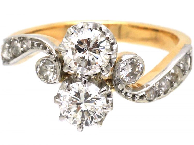 French Early 20th Century 18ct Gold & Platinum Two Stone Diamond Ring with Diamond Set Scroll Shoulders