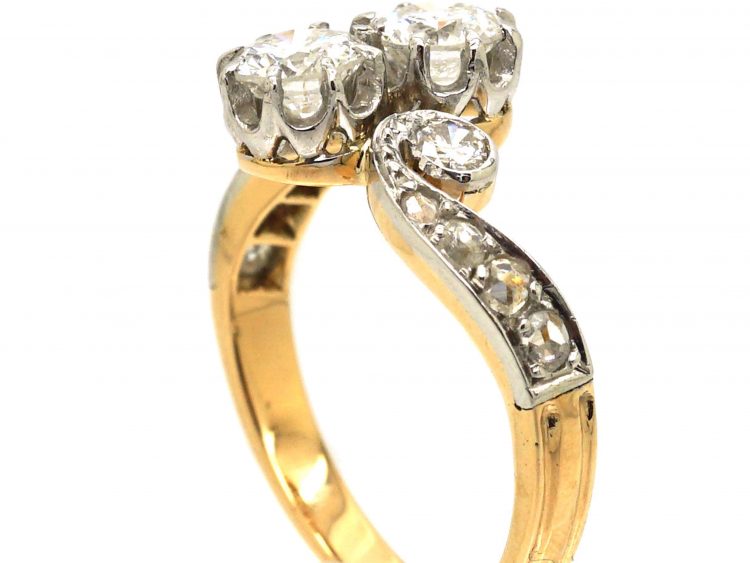 French Early 20th Century 18ct Gold & Platinum Two Stone Diamond Ring with Diamond Set Scroll Shoulders