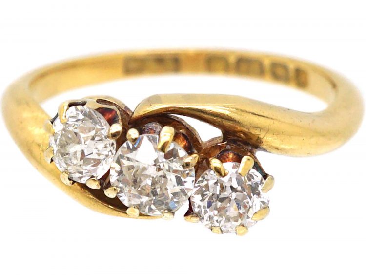 Edwardian 18ct Gold Three Stone Diamond Crossover Ring