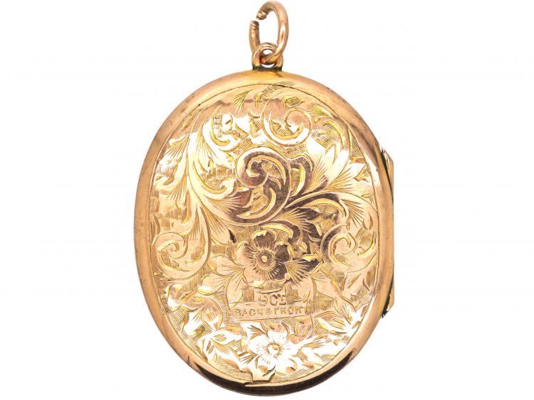 Edwardian 9ct Gold Back & Front Oval Engraved Locket