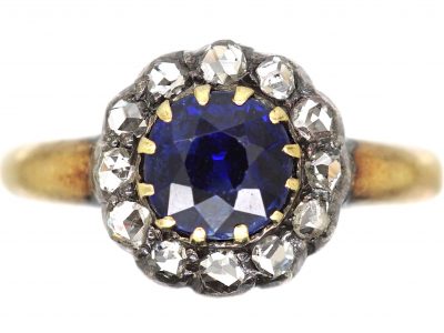 Edwardian 18ct Gold & Silver, Sapphire & Rose Diamond Cluster Ring