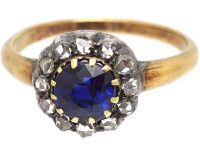 Edwardian 18ct Gold & Silver, Sapphire & Rose Diamond Cluster Ring