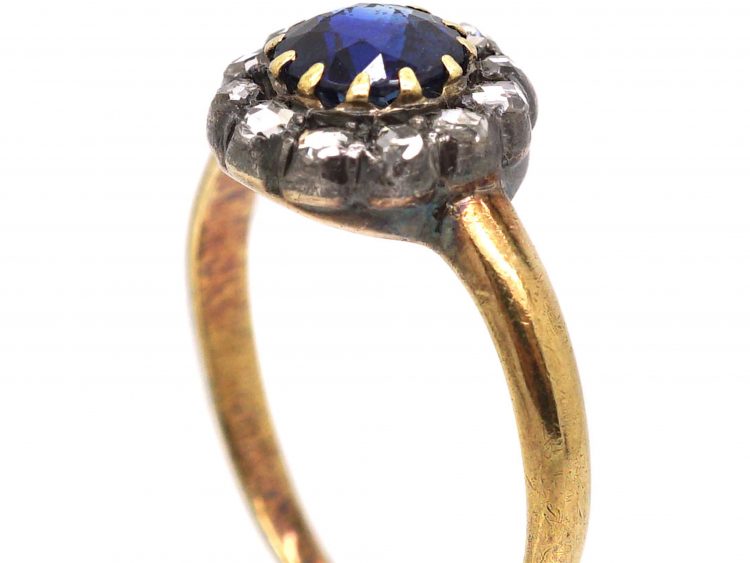 Edwardian 18ct Gold & Silver, Sapphire & Rose Diamond Cluster Ring