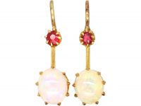 Edwardian 15ct Gold, Opal & Ruby Drop Earrings