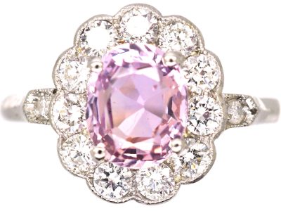 Early 20th Century Platinum, Pink Topaz & Diamond Cluster Ring