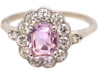 Early 20th Century Platinum, Pink Topaz & Diamond Cluster Ring