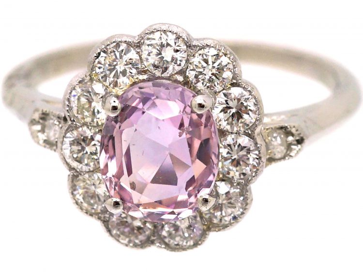 Early 20th Century Platinum, Pink Topaz & Diamond Cluster Ring