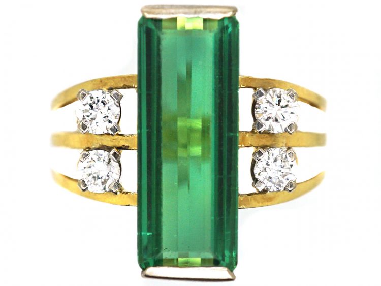 Modernist 18ct Gold Ring set with a Rectangular Cut Green Tourmaline & Diamonds