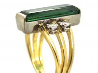 Modernist 18ct Gold Ring set with a Rectangular Cut Green Tourmaline & Diamonds