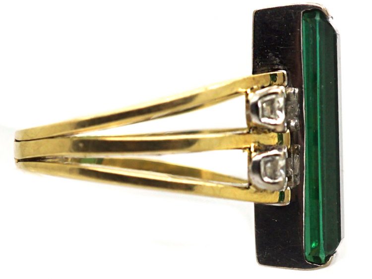 Modernist 18ct Gold Ring set with a Rectangular Cut Green Tourmaline & Diamonds