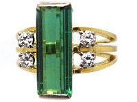 Modernist 18ct Gold Ring set with a Rectangular Cut Green Tourmaline & Diamonds