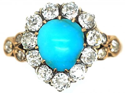 Victorian 15ct Gold Heart Shaped Ring set with a Turquoise & Diamonds