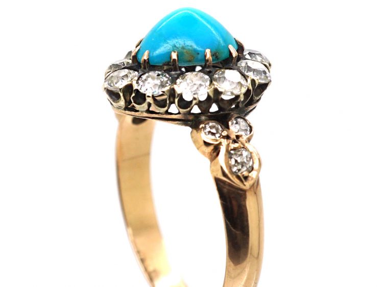 Victorian 15ct Gold Heart Shaped Ring set with a Turquoise & Diamonds