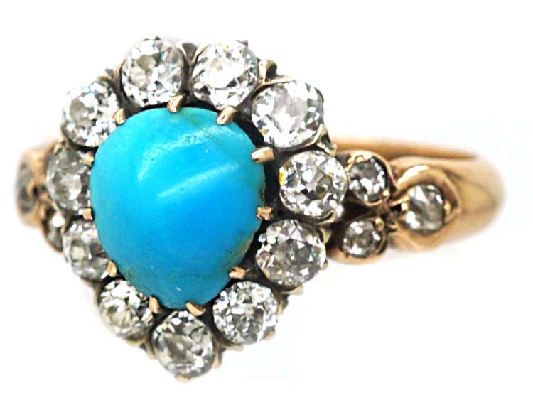 Victorian 15ct Gold Heart Shaped Ring set with a Turquoise & Diamonds