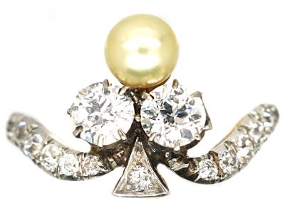 Edwardian 18ct Gold & Platinum Tiara Ring set with Diamonds & a Natural Pearl